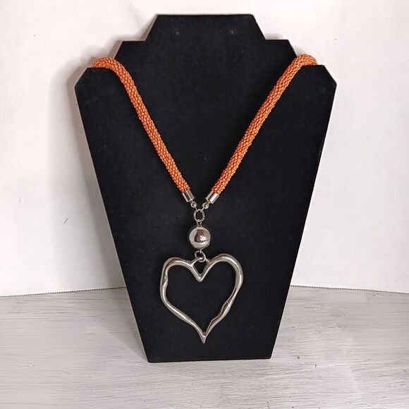 Suzie Blue Long Orange Beaded Necklace With Large Metal Heart (2.5"x3") - Picture 1 of 11